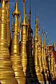 Inle Lake Myanmar. Indein, on the summit of a hill the  Shwe Inn Thein Paya a cluster of hundreds of ancient stupas. Many of them are ruined and overgrown with bushes. 